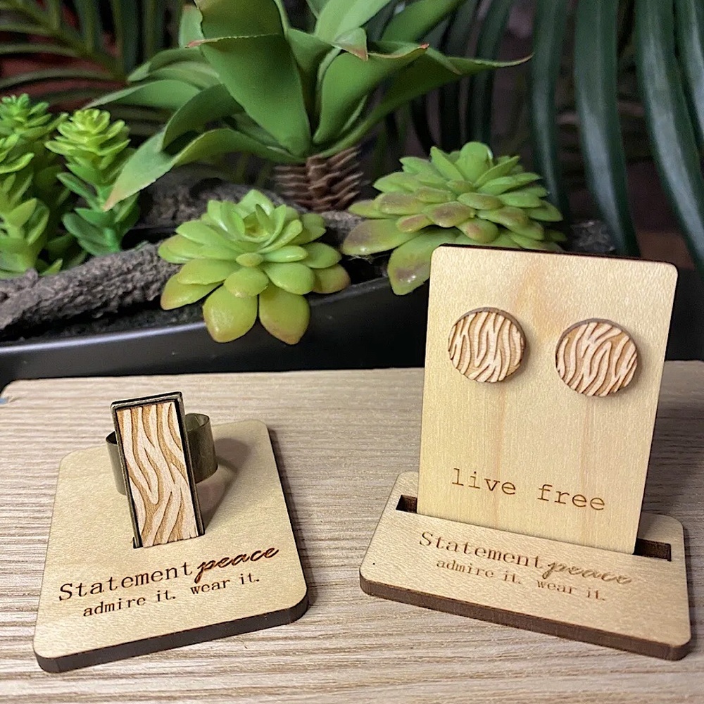HANDMADE Jewelry Set Wood Brass Engraved Animal Print Artisian Ring & Earrings